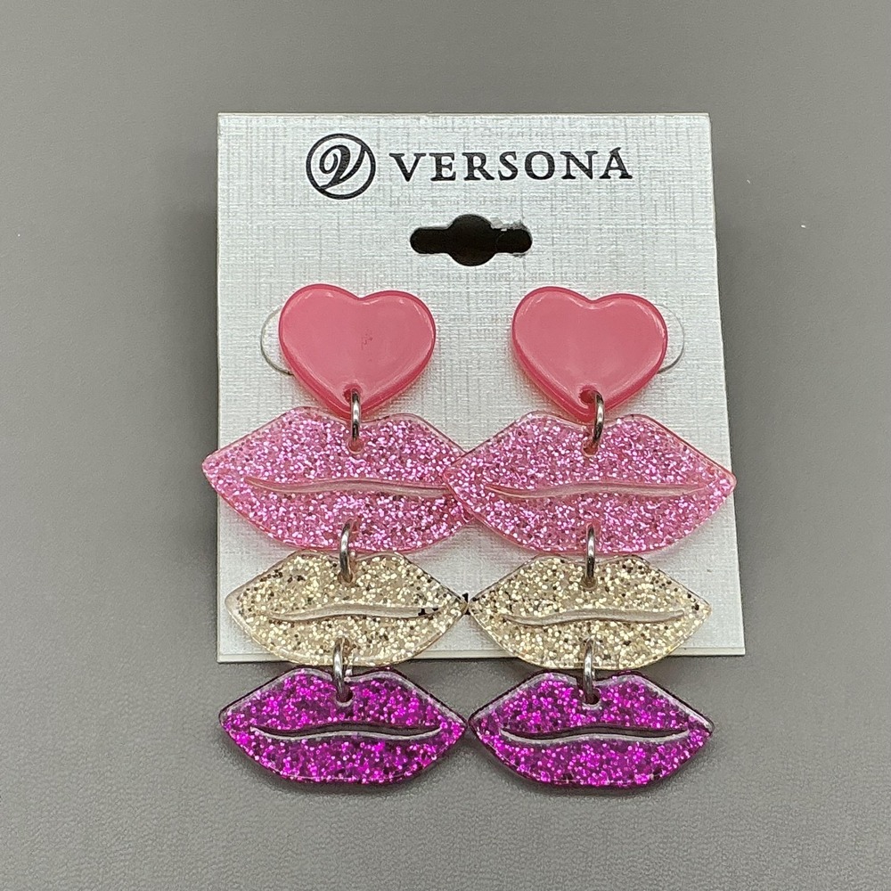 Versona Earrings Womens‎ Pink Heart Lips Glitter Dangle Drop Statement Jewelry